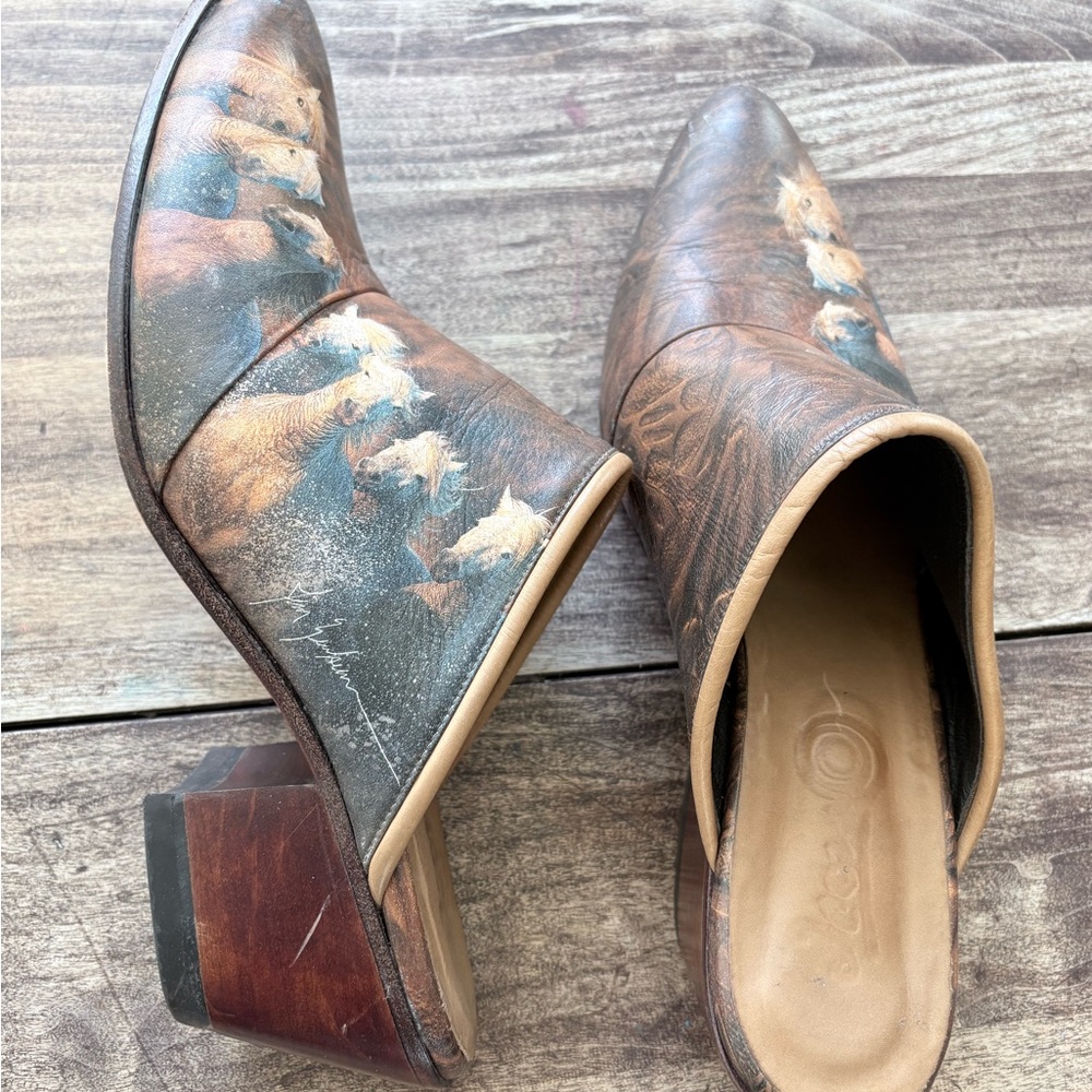 Icon wearable art Hand-Painted Brown Leather Mule Slides with Horse Motif